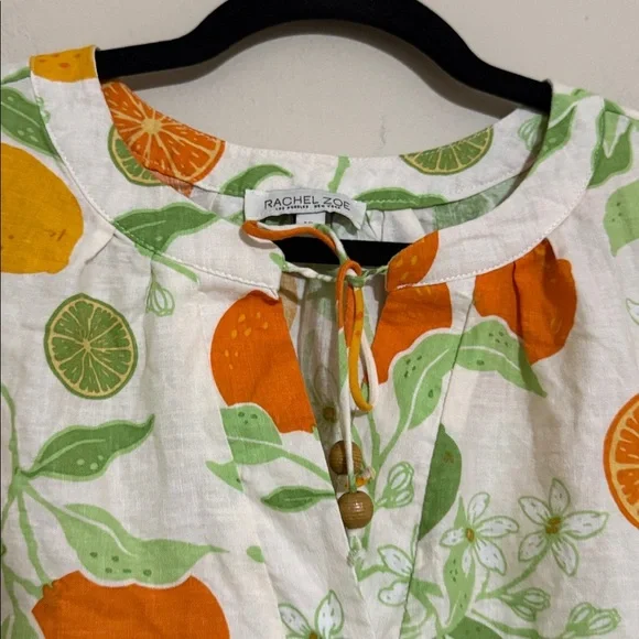 Rachel Zoe Orange Green Citrus Print Blouse top women XL linen casual vacation - Picture 3 of 7